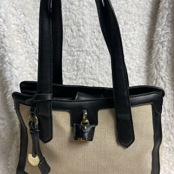 London Fog Beige Canvas shoulder bag with black faux leather straps & trims - Picture 3 of 14